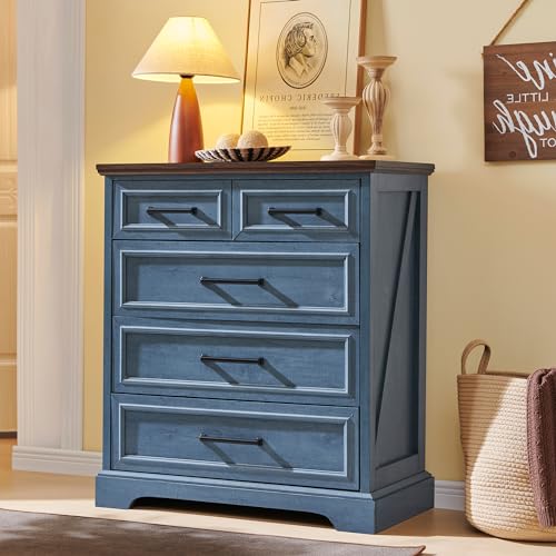 Farmhouse-5-Drawer-Dresser-for-Bedroom-36-Inch-Tall-Modern-Dresser-Chest-of-Drawers-Rustic-Wood-Storgae-Organizer-with-Large-Drawers-Bar-Handles-for-Bedroom-Living-Room-Hallway-Blue Farmhouse 5 Drawer Dresser for Bedroom 36 Inch Tall Modern Dresser Chest of Drawers Rustic Wood Storgae Organizer with Large Drawers Bar Handles for Bedroom Living Room Hallway Blue