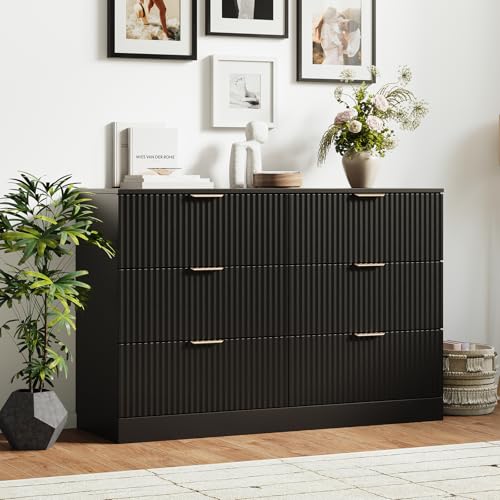 MALOL 6 Drawer Fluted Dresser for Bedroom, Modern Wooden Chest of Drawers, Wide Storage Cabinet with Smooth Silent Slides, Anti-Tip, 47" Storage Organizer for Bedroom Living Room, Black