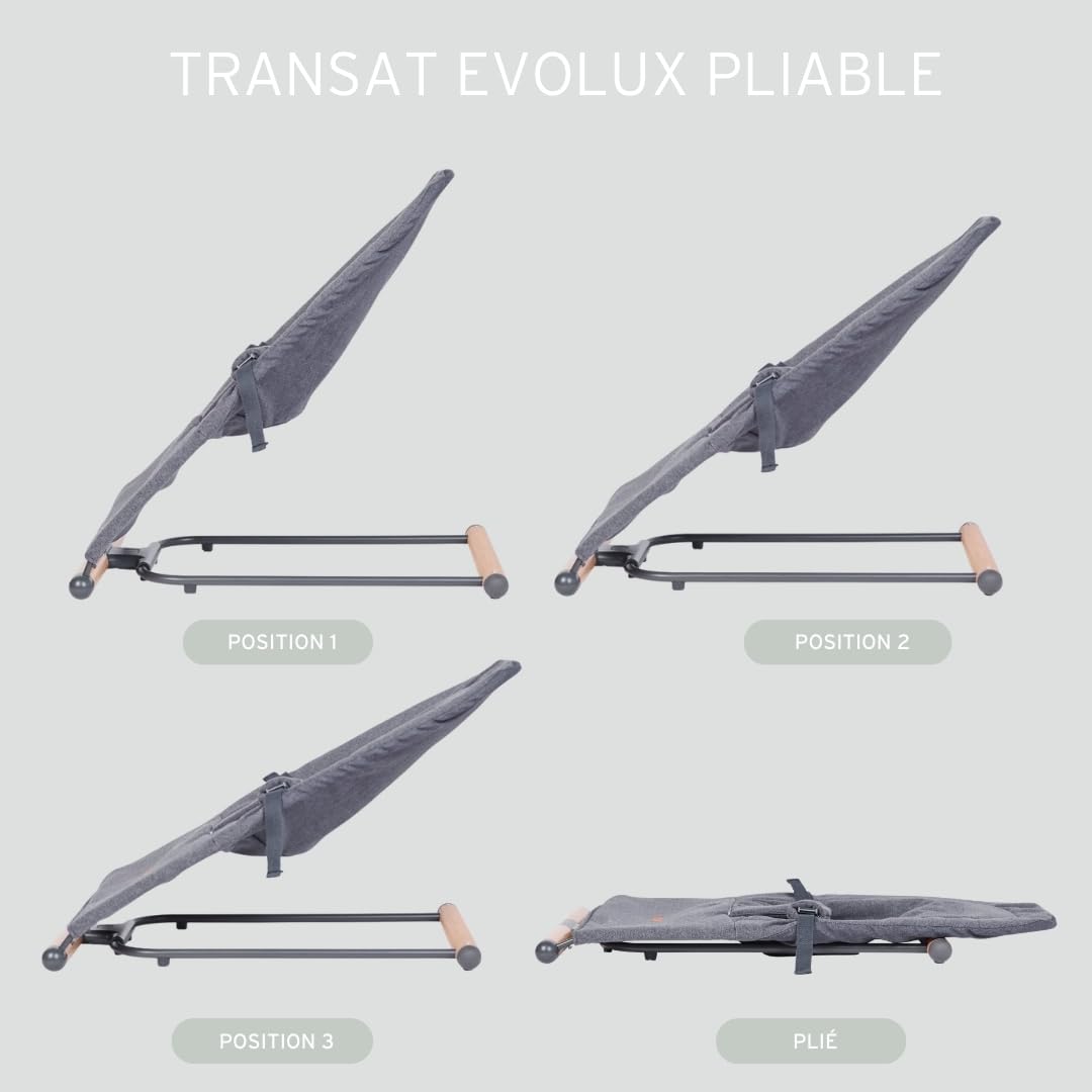 CHILDHOME, Transat Bébé Enfant Pliable, 3 inclinaisons 1 Bouton, Oekotex, Ultra Compact, Fin, Epaisseur 5cm, Confortable, Harnais 3 Points, 0 à 15kg, Unisexe, Housse Transport, Evolux, Anthracite