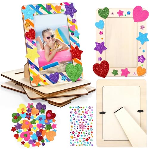 Aneco 6 Packs Picture Frame Painting Craft Kit for 4 x 6 Inch Photo DIY Unfinished Wooden Photo Frames with Diamond and Foam Stickers for DIY Crafts Paint and Decorate