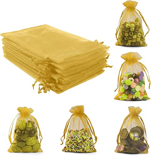 Image of ANZNKU 50PCS Premium Gold Organza Bags 5x7 inches Mesh Bags Drawstring, Gift Bag Small Size, Organza Wedding Party Favor Bag, Easter Gifts, Mesh Pouches Drawstring