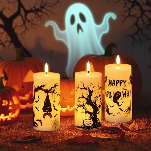 Image of Halloween Decorations Ghost Bat Flameless Halloween Candles with 6H Timer, Battery Operated LED Candles for Halloween Decor Indoor