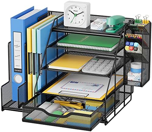 VIVSOL Desk Organizer and Accessories Storage with 5-Tier Paper Letter Tray, Mesh Desktop Organizer and Storage with Pen Holder and Sliding Drawers for Office, School, Home to Collect Office Supplies