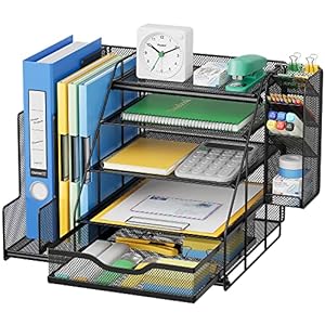 VIVSOL-Desk-Organizer-and-Accessories-Storage-with-5-Tier-Paper-Letter-Tray-Mesh-Desktop-Organizer-and-Storage-with-Pen-Holder-and-Sliding-Drawers-for-Office-School-Home-to-Collect-Office-Supplies