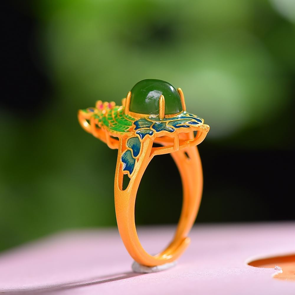 S925 Silver-Inlaid Natural Jasper Enamel Peacock Ring Opening Adjustable Including Certificate