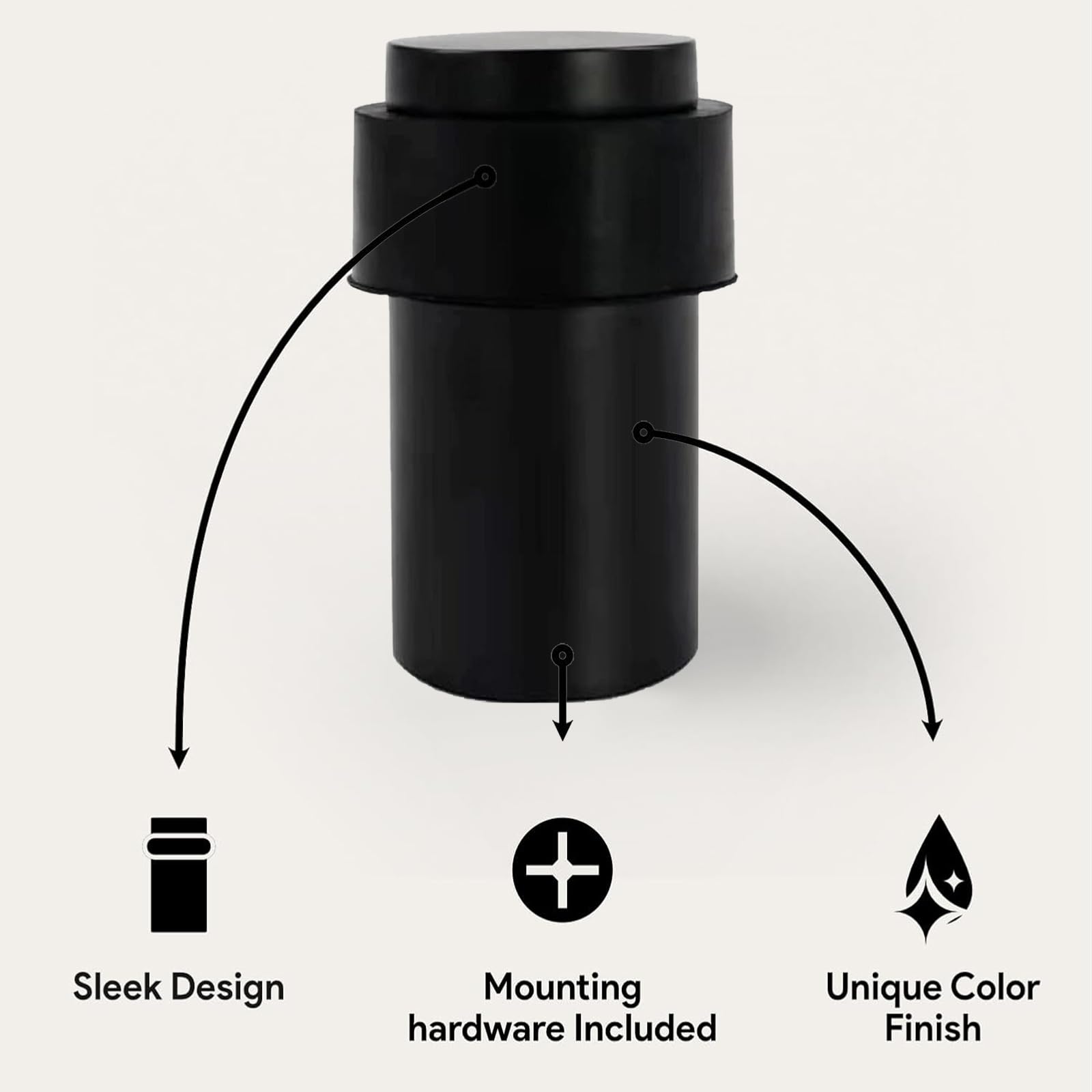 KHTUMEWARE 3801 cylindrical floor door stop dimension diagram, 1-1/2 in (38 mm) overall height, 1.38 in (35 mm) max diameter, Matte Black.