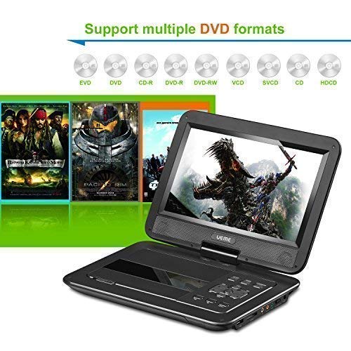 UEME DVD Player Portable with 10.1 Inch Swivel Screen, with Car Headrest Mount Holder, Remote Control, Car Charger, Power Adaptor, Built-in Rechargeable Battery, Region Free Players (Black)