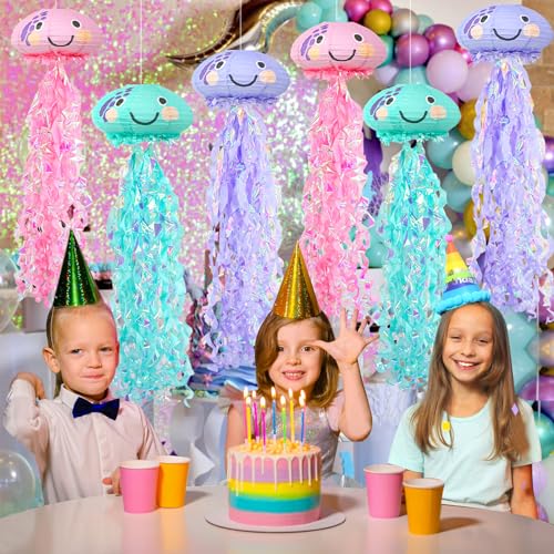 Image of Jelly Fish Paper Lanterns Set, 6Pcs Jellyfish Hanging Lantern for Mermaid Under The Sea Ocean Birthday Party Decorations Baby Shower Room Decor(6Pcs)