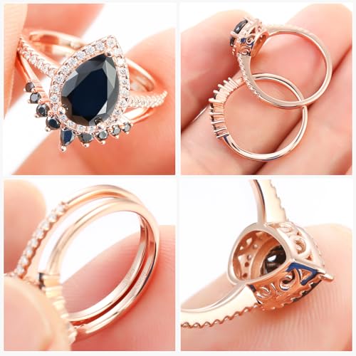 2CT Moissanite Wedding Ring Set for Women Black Color VVS1 Pear Shaped Halo Bridal Ring Sets S925 Sterling Silver with 18K Rose Gold Plated Engagement Anniversary Rings for Her Size 5-104