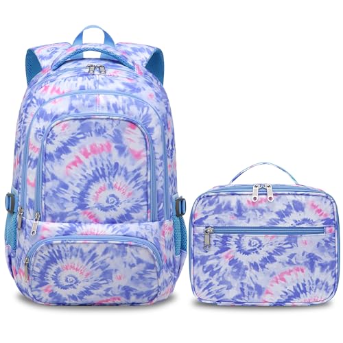 BLUEFAIRY Kids Backpack with Lunch Box for Girls Boys Elementary Primary Middle School Bag with Lunch Bag Set 17 Inch Bookbag Mochilas Escolares para Nias Nios (Tie-dye Light Violet)