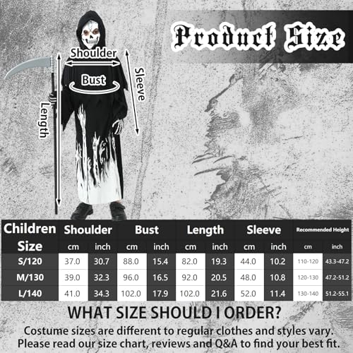 HarnyLoom Grim Reaper Costume Kids Boys Halloween Glow in the Dark Skeleton Death Ghost Scythe Outfit Scary Grim Reaper Robe Phantom Gloves Fancy Dress Cape (L) - Image 2