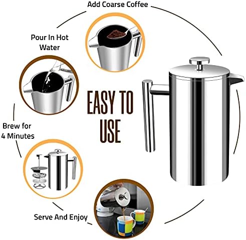 Utopia Kitchen 304 Grade Stainless Steel French Press 34 Oz, Silver - 2