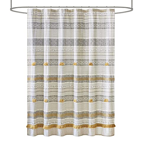 Image of Ink+Ivy Cody 100% Cotton Shower Curtain, Boho Chic Printed Striped with Tassel Pompom, Fringes Trim, Modern Bathroom Decor, Machine Washable 72 inch x 72 inch Grey /Yellow