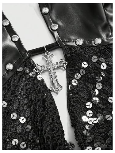 SOLY HUX Women's Gothic Grunge PU Leather Sparkly Halter Crop Top Y2k Deep V Neck Vest Rave Outfits4