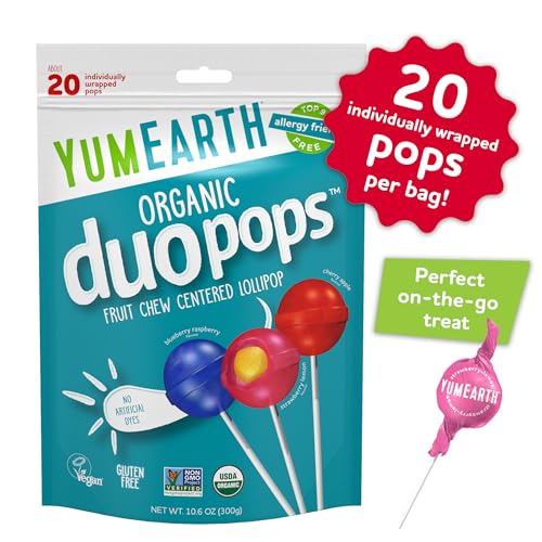 Image of YumEarth Organic Duo Pops, Lollipops with Fruit Chew Centers - Allergy Friendly (Top 9 Free), No Artificial Dyes, Non GMO, Gluten Free, Vegan Candy Snacks - Individually Wrapped Pops (20 Count (Pack of 1))