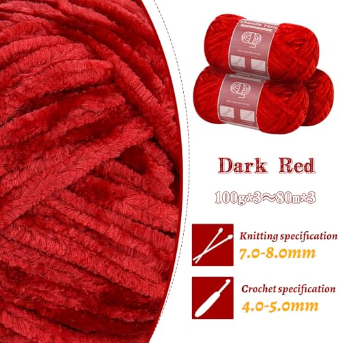Image of LUNARM Chenille Yarn 3 Pack 3.5oz Chunky Blanket Velvet Yarn 263 Yard | Dark Red Chunky Chenille Yarn for Beginners Crocheting Hand Knitting Scarves with Big Eye Needles Machine Washable