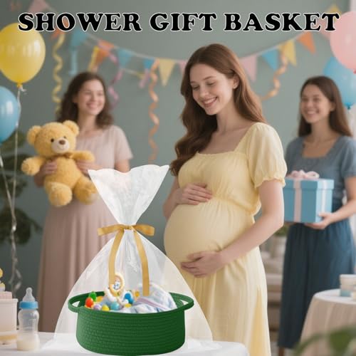 Image of Woven Rope Basket - Baby Gift Basket with Bag & Ribbon, Green