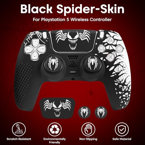 Image of Sounce Anti-Slip Silicone Accessories Compatible with PS5 DualSense Wireless Controller Protective Cover Case with Thumb Grip Caps Touch Pad Sticker Wrap Stickers for Enhanced Protection (Black)