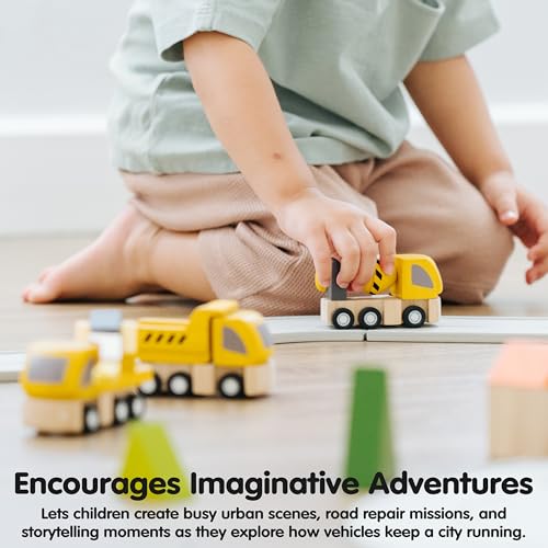 Image of PlanToys Highway Maintenance Wooden Montessori Vehicle and Imaginative Play Set | Creativity, Language and Social Skill Building Activity | Eco Friendly Construction Truck Set