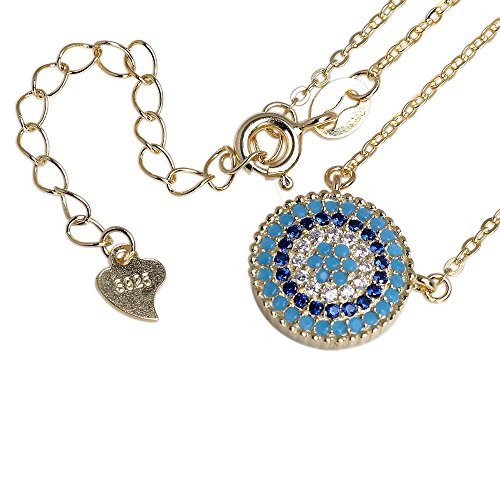 Blue Evil Eye Pendant Necklace in Sterling Silver 925 with Cubic Zirconia CZ and 16"+2" Cable Chain3