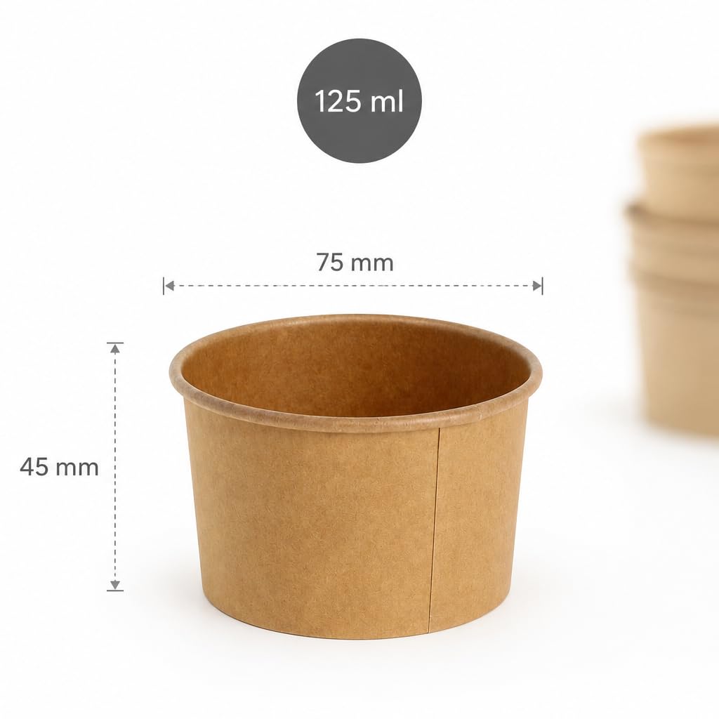 1000 Eisbecher 125 ml | Umweltfreundliche Universal Karton für EIS, Dessert, Fingerfood, Vorspeisen, Snacks I Speisebecher braun unbedruckt rund