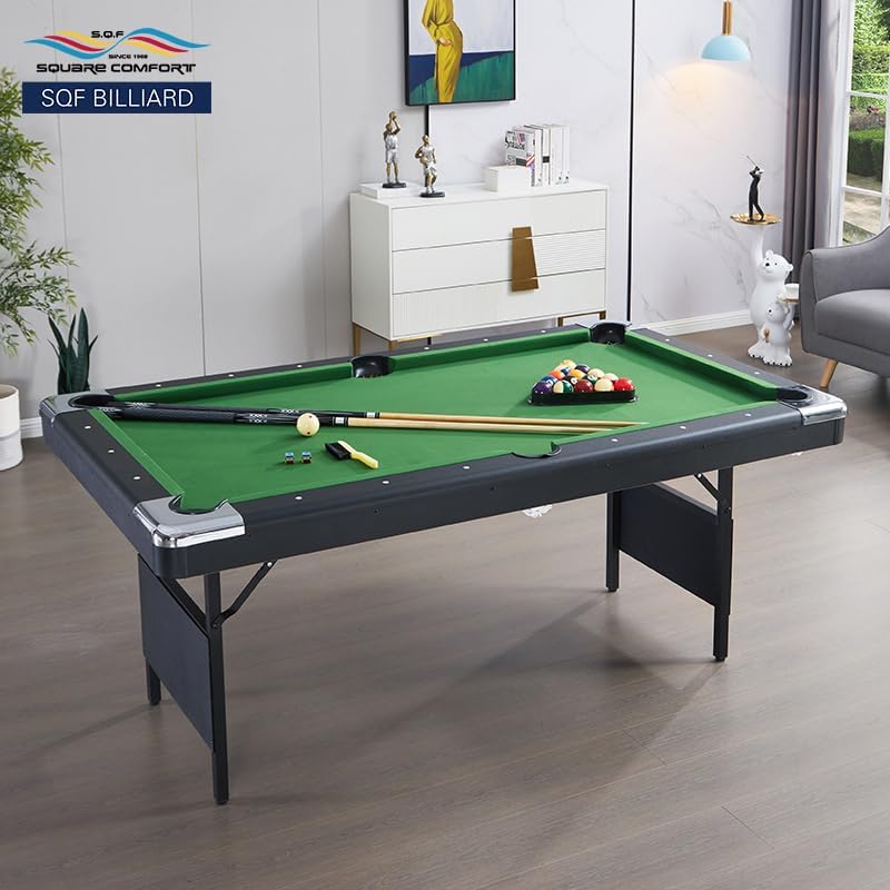 S.Q.F 7 ft Pool Table,Home & Professional Use Portable Foldable Heavy-Duty Wooden Frame Pool Table, Billiards Table, Includes 2 Cues,Full Set of Balls, Triangle Rack Chalk
