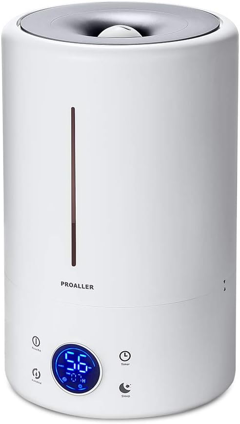 Cool Mist Humidifier Ultrasonic 5L/1.32 Gal for Baby, Bedroom, Home, Filter Free Vaporizer, Humidity Monitor, 12Hrs Timer/Sleep Mode, Whisper-Quiet, Waterless Auto Off, 3 Mist for 30 Hrs Working