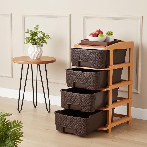 Image of Plastic Modular Drawer Storage Chest Of Drawers Organizer Storage Box, Large Stomo Racks For Multipurpose Anti-slip Shoes Organizers (Brown, 4 Layer)