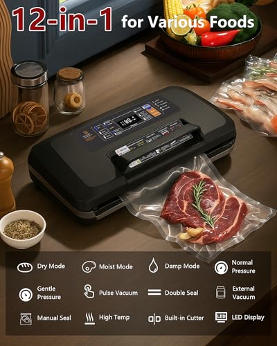 95KPa Powerful Vacuum Sealer Machine, 12-in-1 High-Speed Food Sealer, Dry&Moist Modes Smart Suction Vacuum Machine, Built-in Cutter, Easy-Lock Handle, Double Heat Seal, 1 Roll&10 Bags