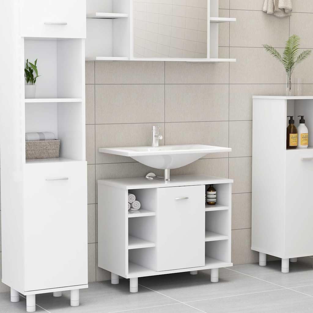 Armadietto da bagno bianco in legno 60 x 32 x 53,5 cm con 7 scomparti e porta, salvaspazio per set di mobili da bagno, per riporre e riporre oggetti nel WC degli ospiti o lavanderia