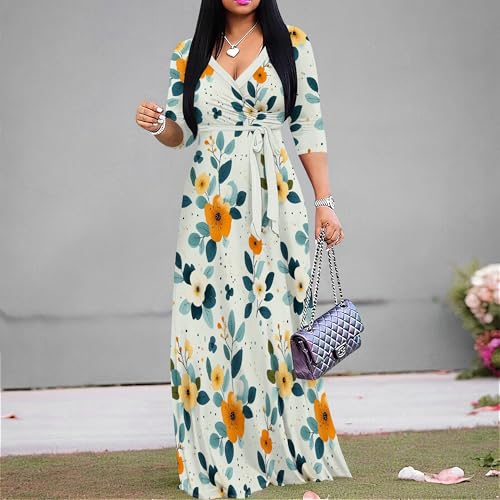 Image of PinkPatty Plus Size Maxi Dress for Women Casual V Neck 3 /4 Sleeve Boho Printed Long Dress with Pockets