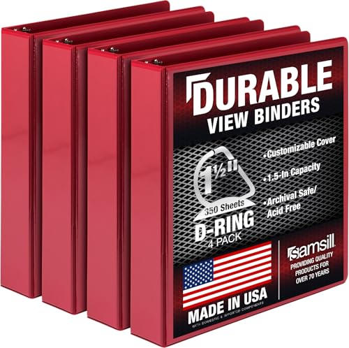 Samsill Durable 1.5 inch 3 Ring Binder D Ring Binder 100% Recycled Chipboard Red 4 Pack