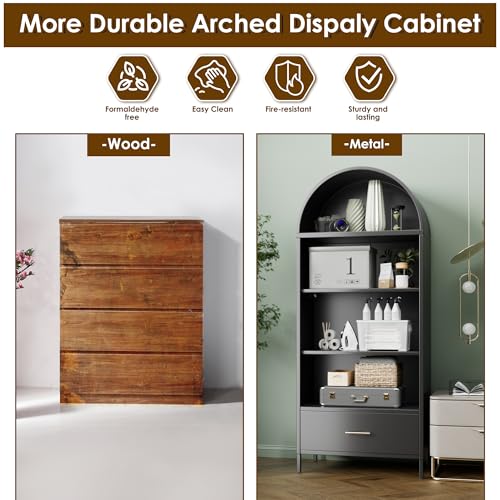 Image of 72.83 inch H Metal Arched Bookcae Cabinets with 2 Adjustable Shelf, Black Arched Bookshelf with 1 Drawer for Home Office, Living Room, Assemble Require, Black