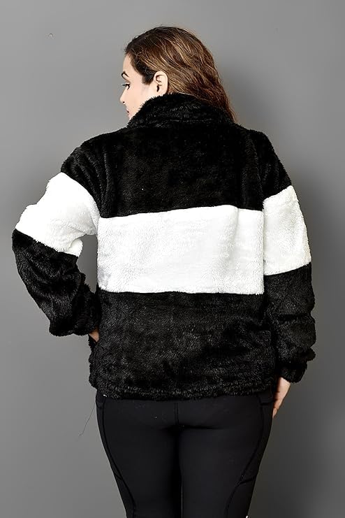 Image of Qadri Fashion Women's Fleece Winter Contrast Jacket, Wool Zip-Up, Soft Fluffy Cold-Weather Outerwear (Black)