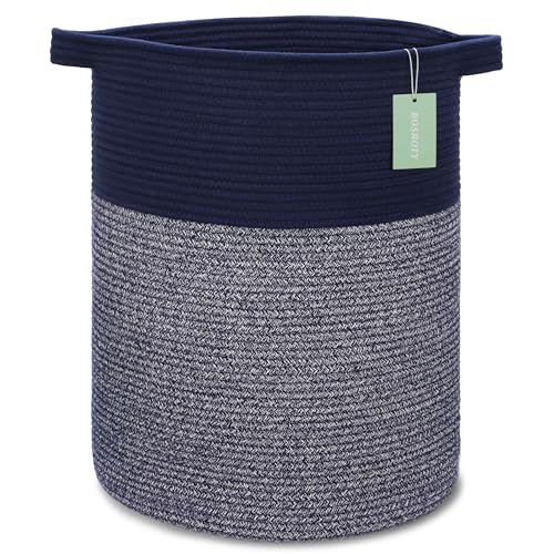 Image of Cotton Rope Blanket Basket, 72L Tall Laundry Hamper, Navy Blue | 16 inchx 22 inch, Collapsible Large Nursery Hamper, Sturdy Handles for Clothes Toys Towels, Ideal for Bedroom Bathroom Living Room