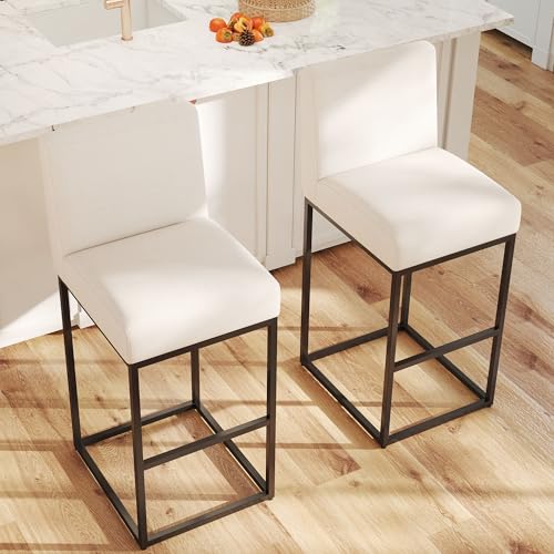 Image of HNY Modern Counter Height Bar Stool, Linen Fabric Upholstered Bar Stool with Backs, 31 Inch Kitchen Island Stools with Black Metal Frame, Cream