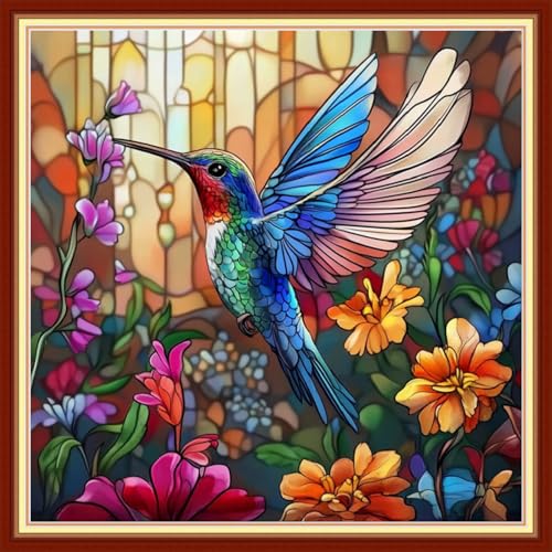 Image of Redxing Stamped Cross Stitch Kits Embroidery kit for Beginners Adults Full Range of Embroidery Patterns Starter Kits DIY Printed Cross Stitch Kits Needlepoint Kits 11CT-Hummingbird flowers 18x18 inchs
