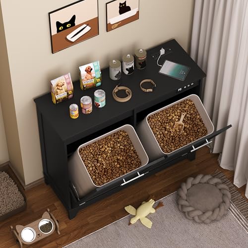 Image of Double Tilt Out Trash Can Cabinet with Charging Station, Negative Ion Odor Control, Hidden Dual 10-Gallon Recycling Cabinet, Dog Proof Garbage Can for Kitchen, Laundry, Dining Room,Black