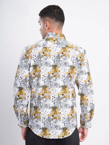 Image of BENE KLEED Men Grey and Mustard Abstract Print Slim Fit Shirt(BOMCF458SL53-6351B White /Mustard M)