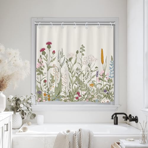 Riyidecor Wildflower Window Shower Curtain 36 Inch Short Small Bathroom Window Curtains for Bathroom Decor Floral Flower Green Botanical Art Printed Fabric Polyester Waterproof 7 Pack Plastic Hooks