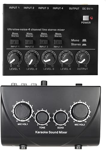 Btuty Mezclador de sonido de karaoke y mezclador estéreo de línea de 4 canales