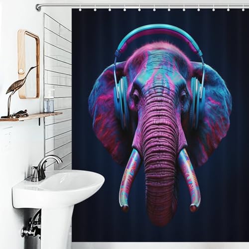 Rideau de douche éléphant en polyester imperméable lavable avec 12 crochets 140x183cm
