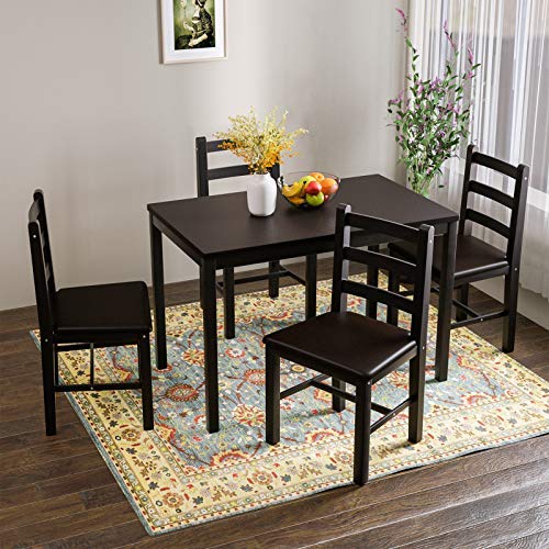 image for Mecor 5-Piece Wood Kitchen Dining Table Set, Pine Wood Table w/ 4 PU L