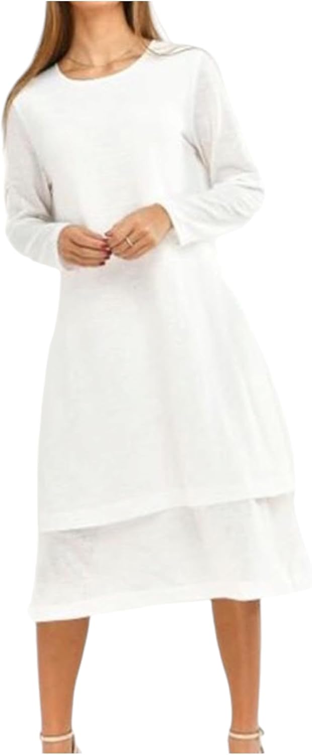 Women’s Double Layered Midi White Long Sleeves O Neck Summer Fashion Dress