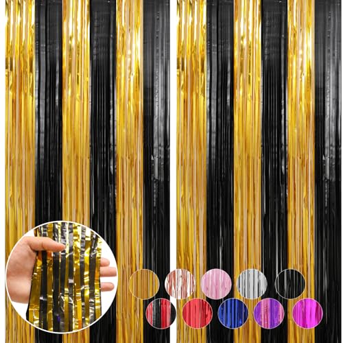 Image of 2 Pack Gold and Black Foil Fringe Curtains Streamers 3.3 x 8.2 ft, Tinsel Backdrop for Parties, Door Birthday Streamers, Photo Booth Backdrops, Party Decorations
