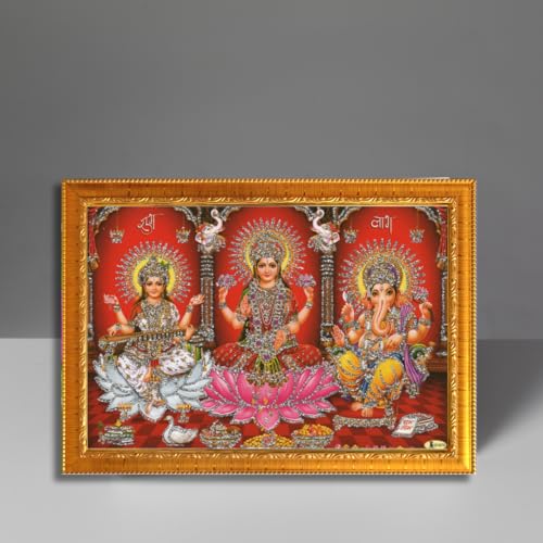 Image of CRAFT QUEST Lakshmi Devi with ganesh ji and saraswati mata Wall Painting Photo Frame for Diwali Pujan (Synthetic, Golden, Sparkle Finish, Small Size, 8 X 6 Inch)