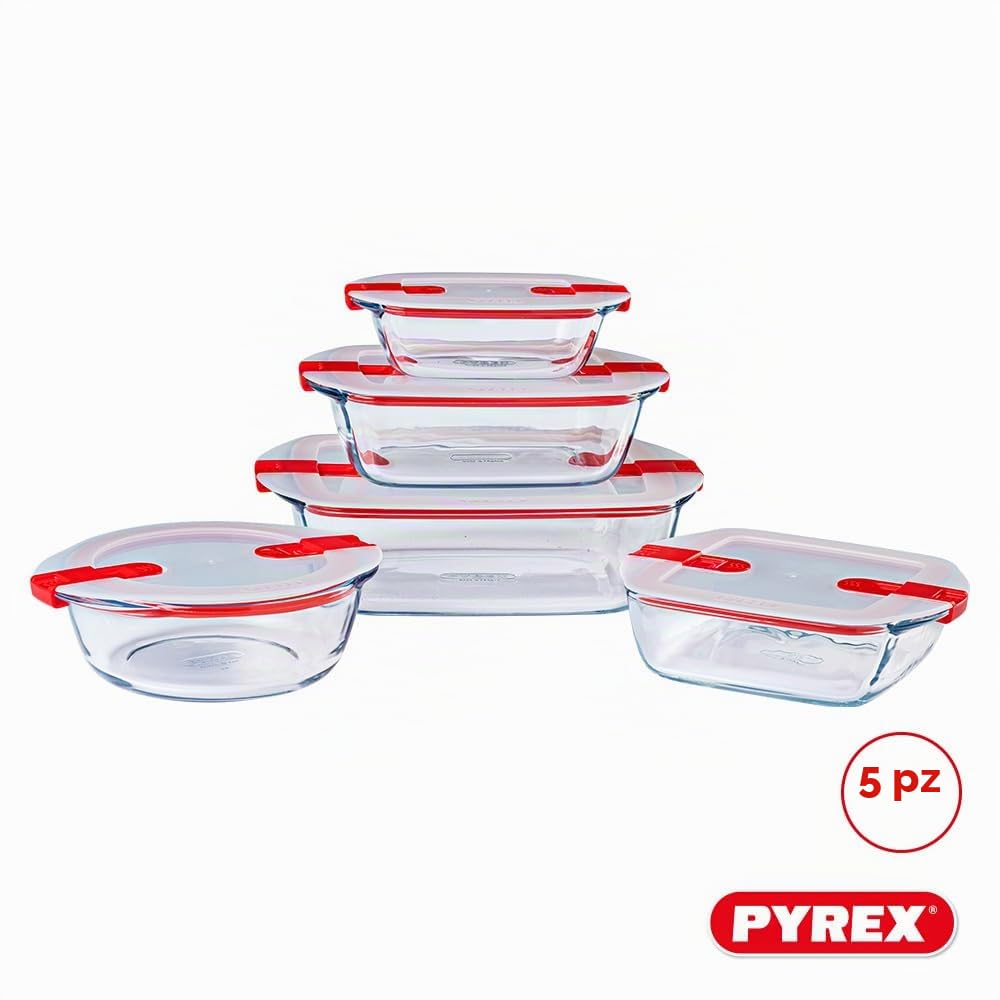 Pyrex® - Cook & Heat - Set di 5 piatti in vetro con coperchi ermetici, speciale forno a microonde, senza BPA