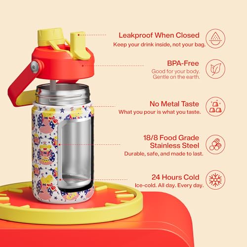 Image of Kids Insualated Water Bottle with Straw,12oz Stainless Steel Water Bottle with Dual Spouts, Leak-Proof,BPA-Free,Double Wall Vacuum Keeps Cold for 24 Hours for Sports,Travel,School (White Hippo Parade)