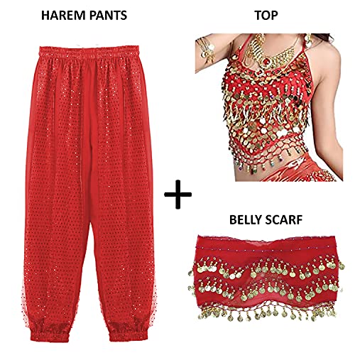 Image of VRITRAZ Women's Chiffon Belly Dance Chiffon Top, Harem Pants and Hip Scarf Ringy Golden Coins Fancy Pants