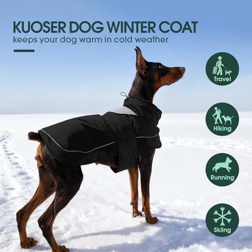 Kuoser Hundemantel Hundejacke, Wasserdichter Wintermantel für Hunde, Verstellbarer Kragen mit Kordelzug, Reflektierend & Sicher, Schwarz XL